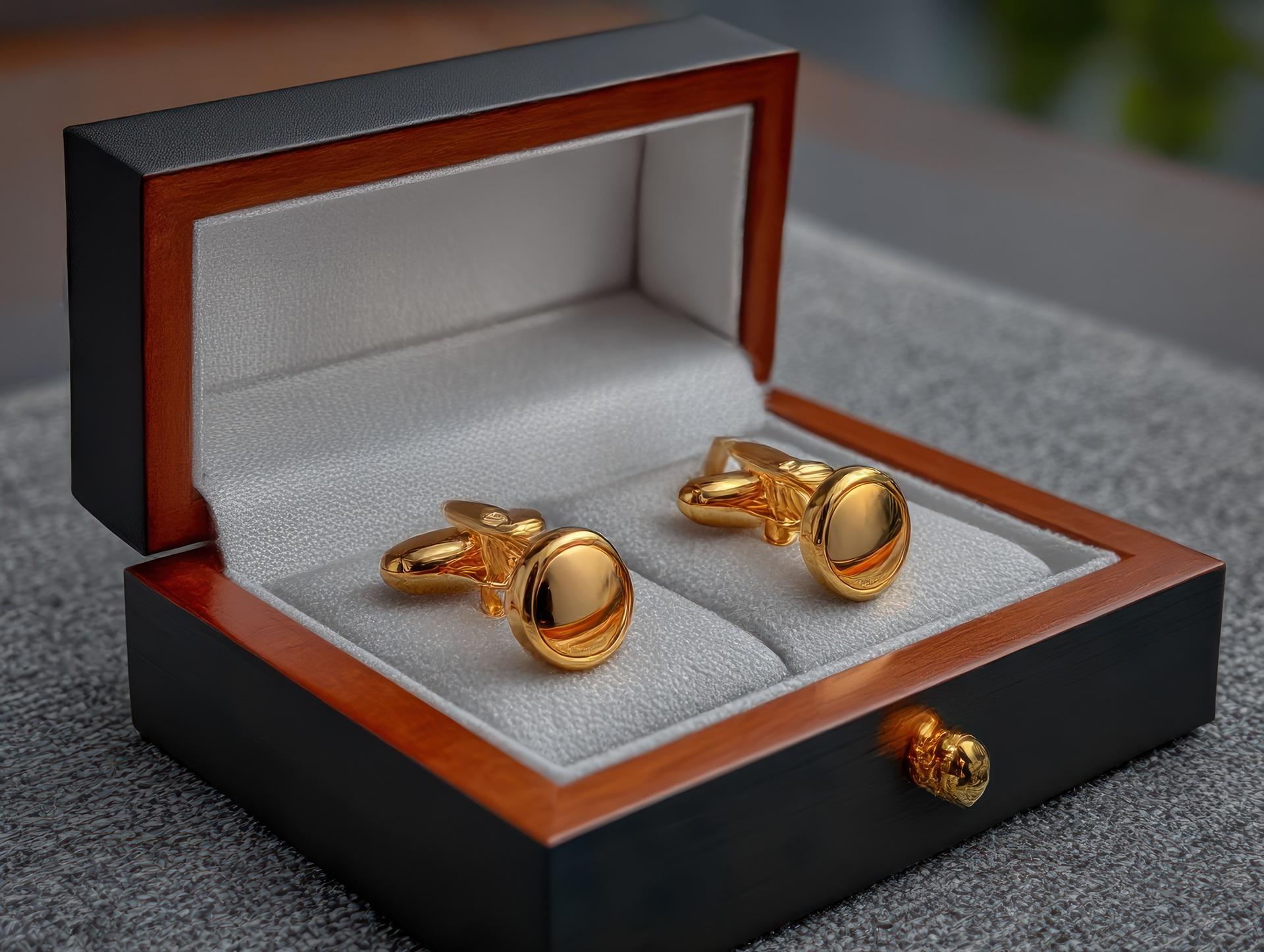 Goldene Accessoires in Holzbox mit Samtfutter | Partnerringe

