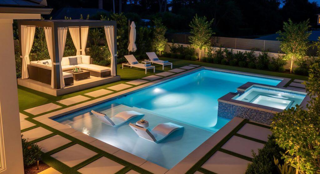 Exklusiv gestalteter Garten mit Poolbeleuchtung, Lounge-Möbeln und gemütlichem Pavillon bei stimmungsvoller Abenddaemmerung.