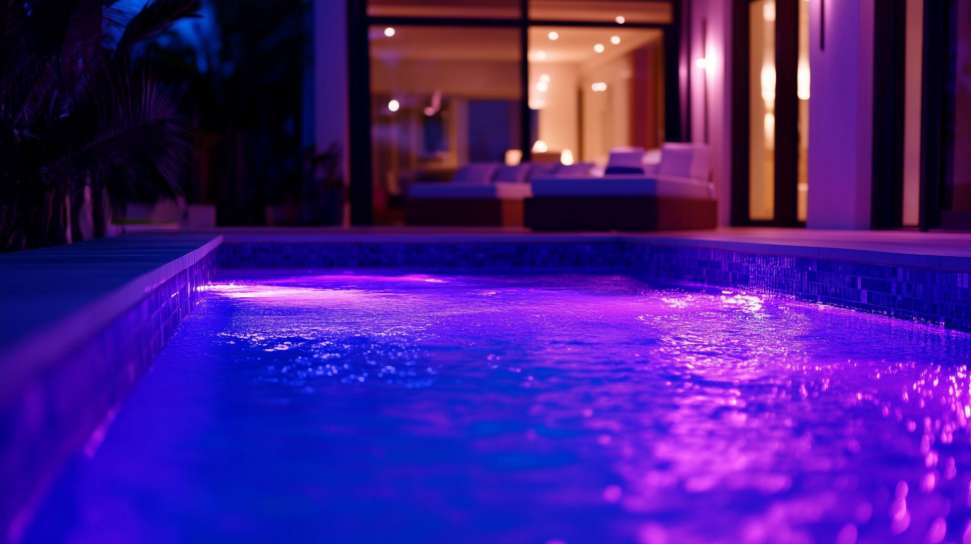Beleuchteter Pool bei Nacht mit violetten Unterwasserscheinwerfern vor einer modernen Terrasse und Lounge-Bereich.