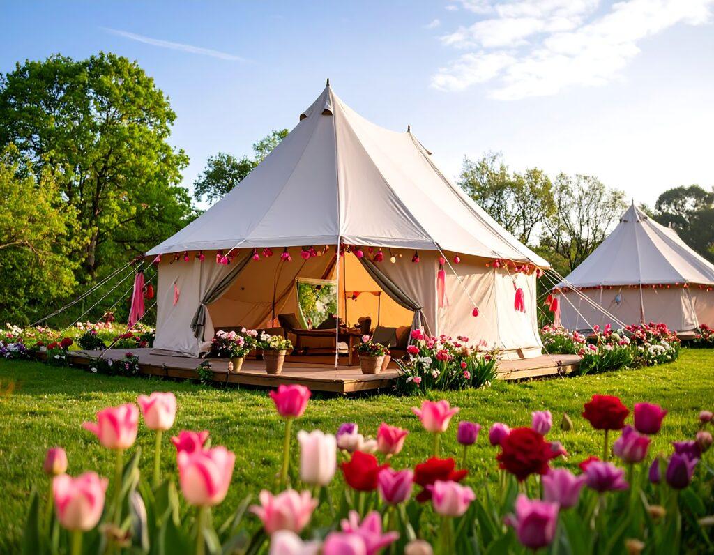 Gartenzelt mit offener Front und Blumenschmuck als stilvolle Erweiterung im Garten
