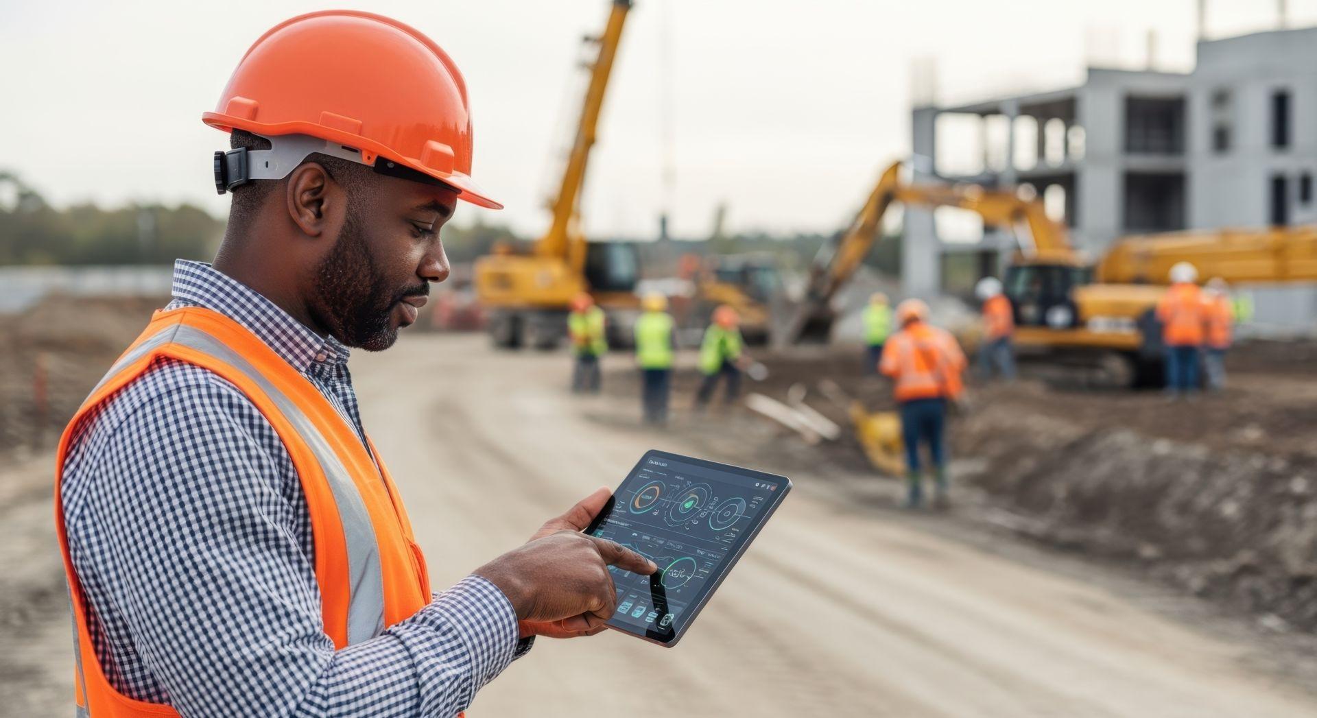 Bauleiter überprüft Baupläne und Messdaten mit Tablet auf Baustelle unter Einsatz moderner Neigungssensoren