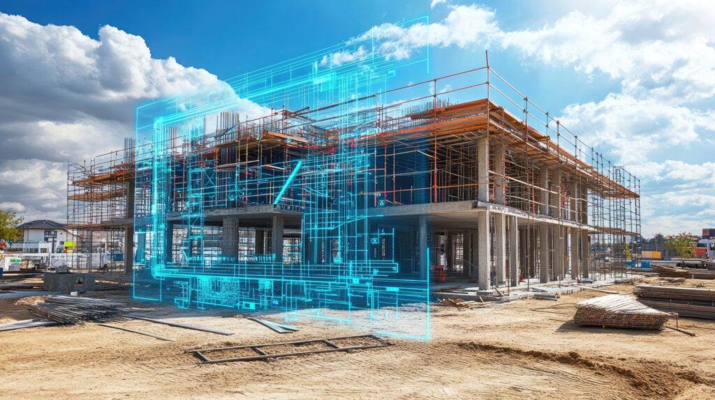 Baustelle mit digitalem Gebäudemodell als Symbol für präzise Bauplanung durch moderne Neigungssensoren